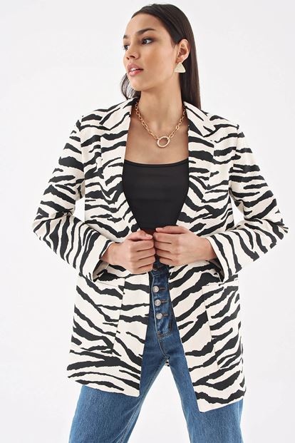 Siyah Zebra Desen Blazer Ceket