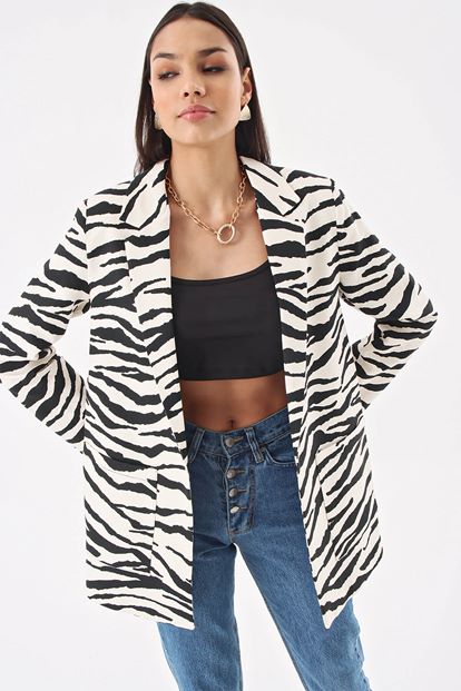 Siyah Zebra Desen Blazer Ceket
