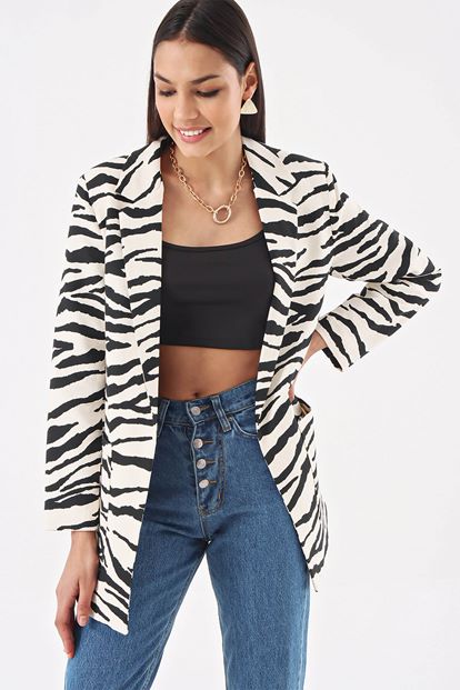 Siyah Zebra Desen Blazer Ceket