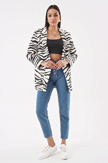 Siyah Zebra Desen Blazer Ceket