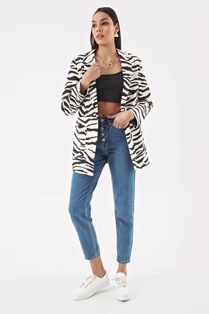 Siyah Zebra Desen Blazer Ceket
