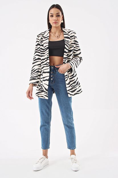 Siyah Zebra Desen Blazer Ceket