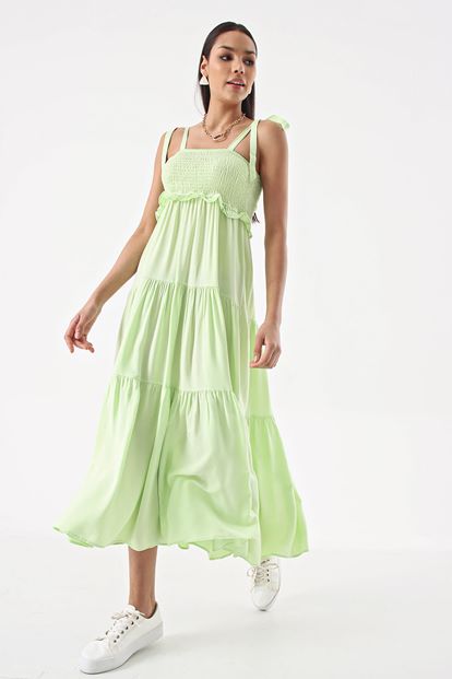Yeşil Omuzdan Baglamali İp Askılı Gipeli Elbise