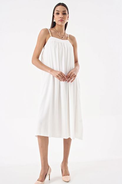 Beyaz Boncuk Detay İp Askılı Elbise