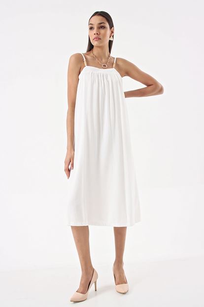 Beyaz Boncuk Detay İp Askılı Elbise