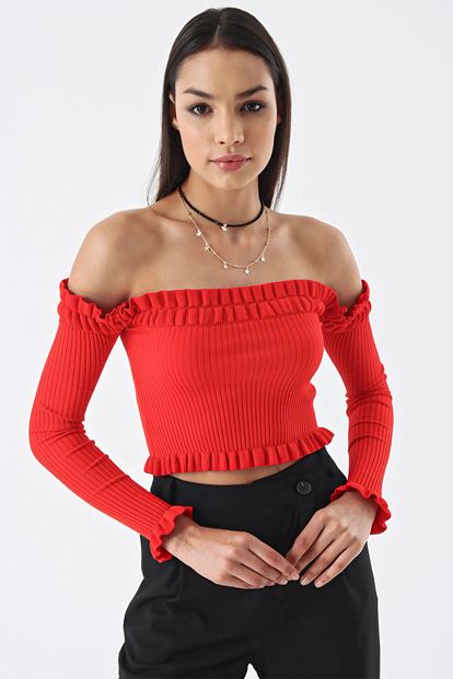 Frilly Red Shoulder Knitwear Tops