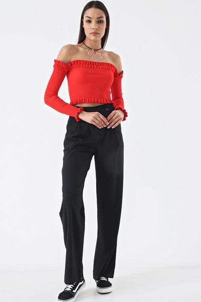 Frilly Red Shoulder Knitwear Tops