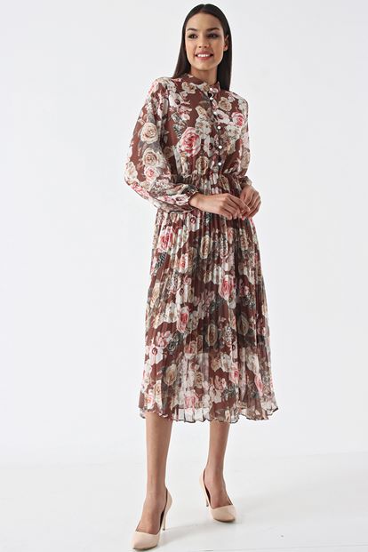 Brown Floral Chiffon Dress piliseli