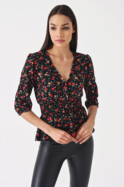 Siyah Çiçek Desenli Bluz
