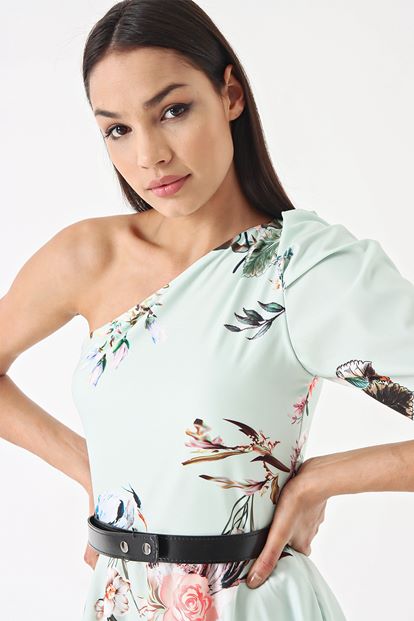 Turquoise Floral Patterned Dresses One Arm