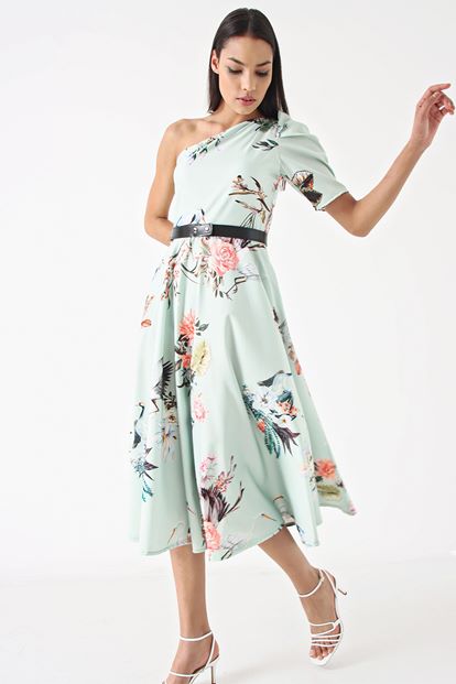 Turquoise Floral Patterned Dresses One Arm