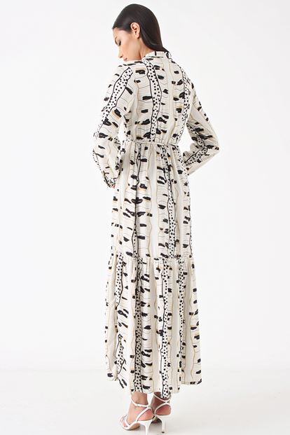 Krem Desenli Midi Boy Elbise