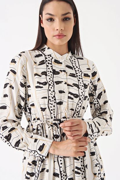 Krem Desenli Midi Boy Elbise