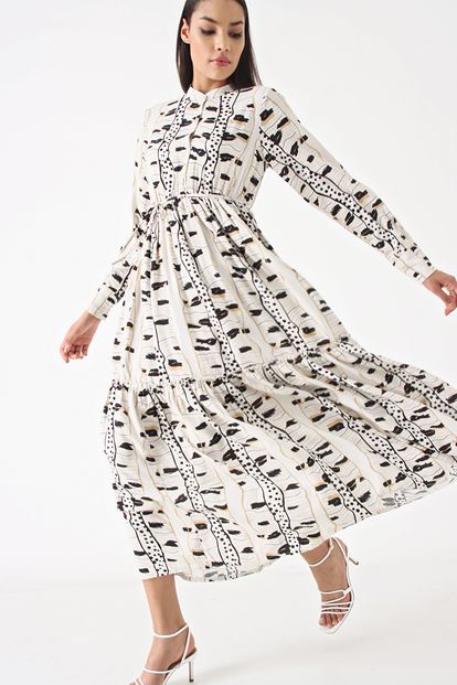 Krem Desenli Midi Boy Elbise