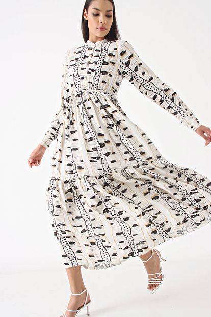 Krem Desenli Midi Boy Elbise