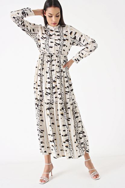 Krem Desenli Midi Boy Elbise