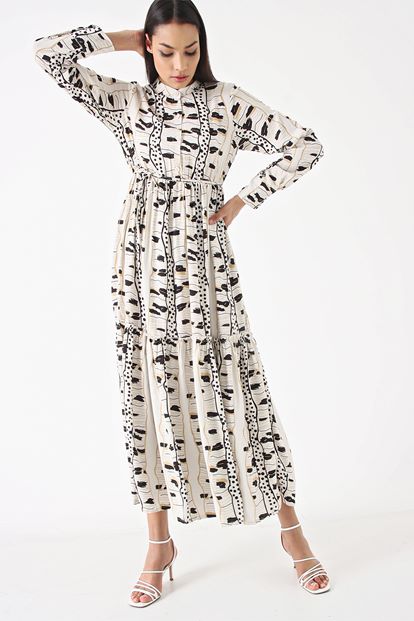 Krem Desenli Midi Boy Elbise