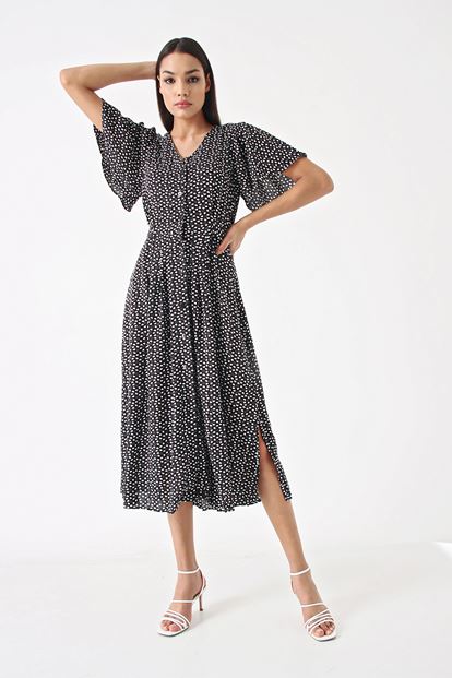 Siyah Kalp Desenli Gömlek Elbise