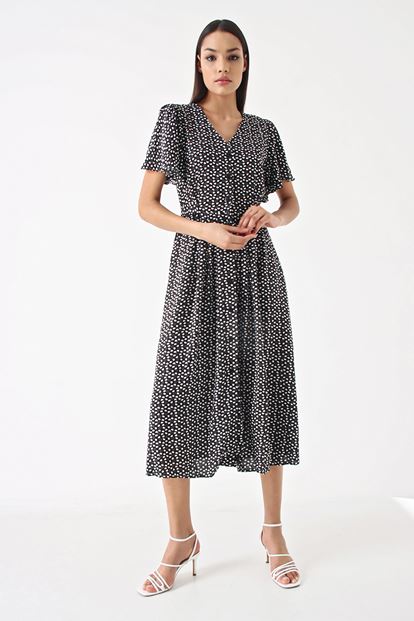 Siyah Kalp Desenli Gömlek Elbise