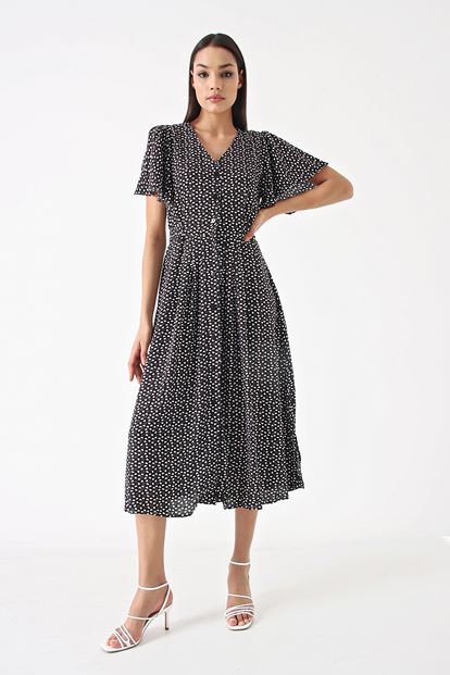Siyah Kalp Desenli Gömlek Elbise