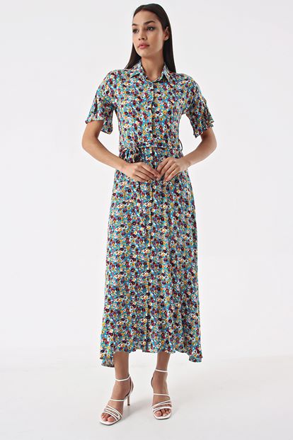 Turquoise Floral Pattern Long Shirt Dress