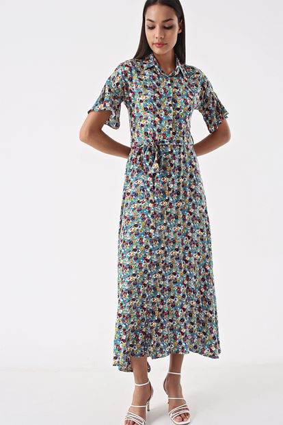 Turquoise Floral Pattern Long Shirt Dress