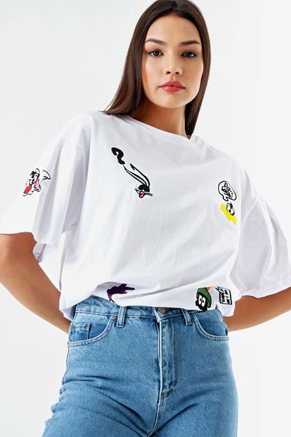 White Embroidery Detail Cotton T-Shirts