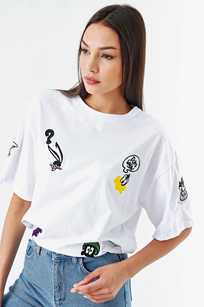White Embroidery Detail Cotton T-Shirts