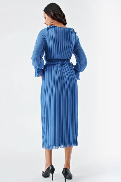 Mavi Piliseli Şifon Elbise