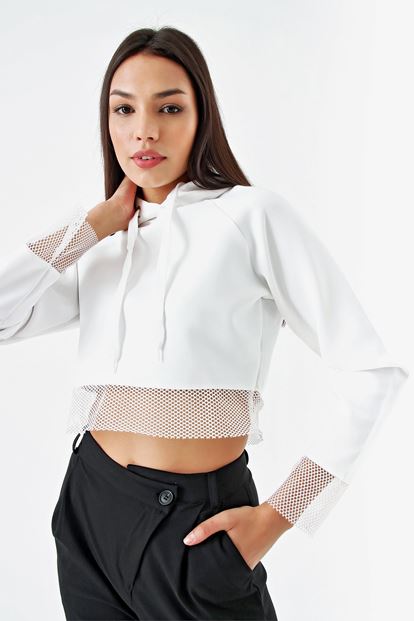 File Detail Crop White Hooded Sweater