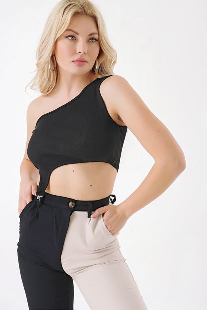 Siyah Tek Omuz Mandallı Crop