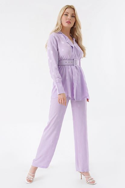 Lila Kemerli Bluz Pantolon Takım
