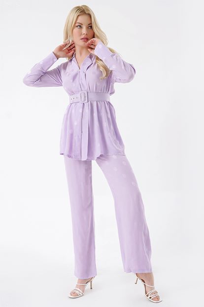 Lila Kemerli Bluz Pantolon Takım