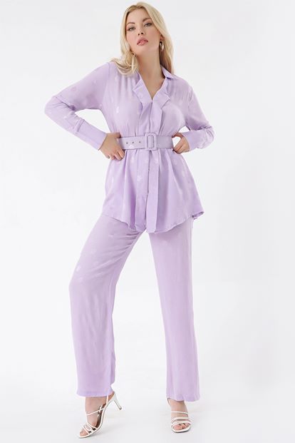Lila Kemerli Bluz Pantolon Takım