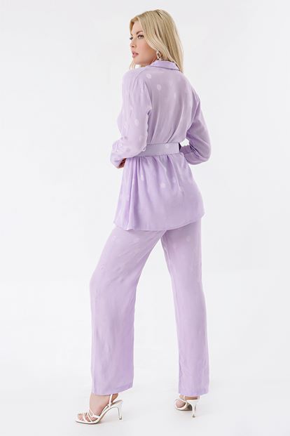 Lila Kemerli Bluz Pantolon Takım