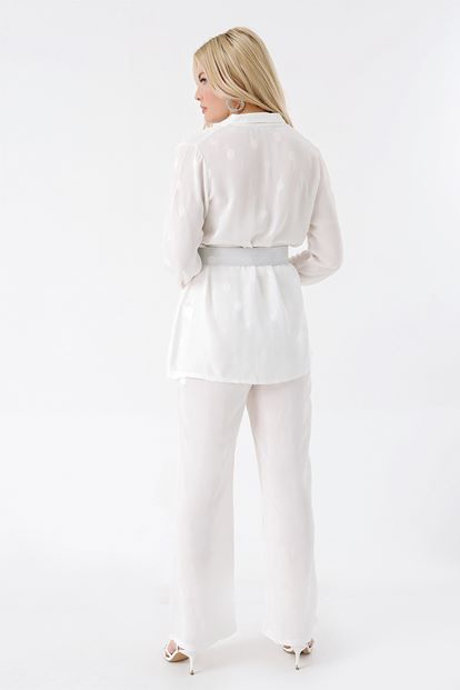 Beyaz Kemerli Bluz Pantolon Takım
