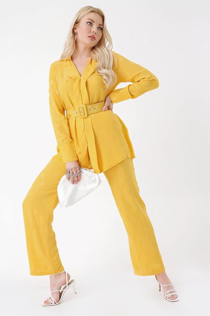 Sarı Kemerli Bluz Pantolon Takım