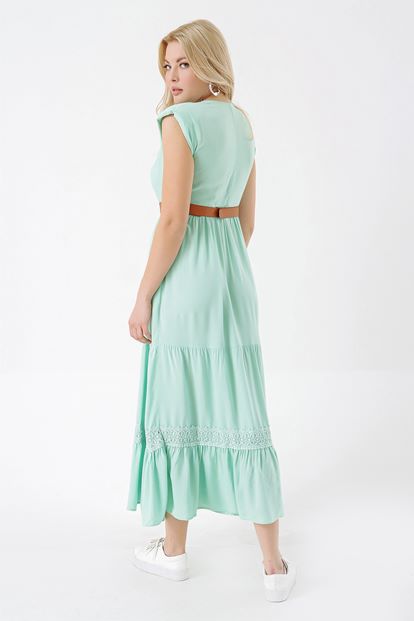Mint Green Belt Double-breasted Collar Dress