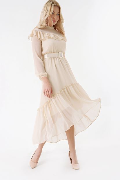 Krem Kemerli Şifon Elbise