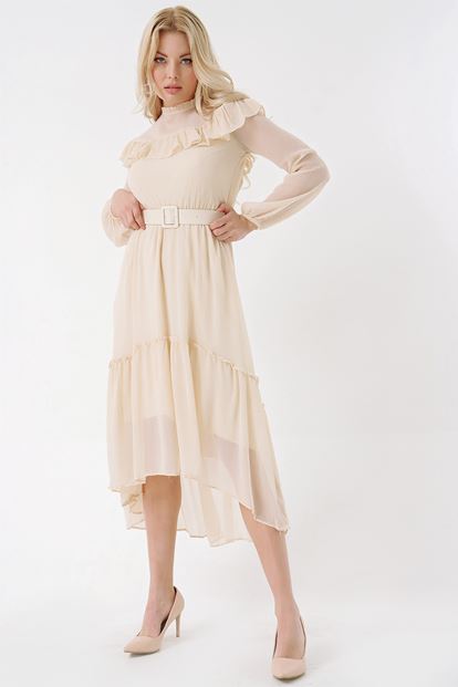 Krem Kemerli Şifon Elbise