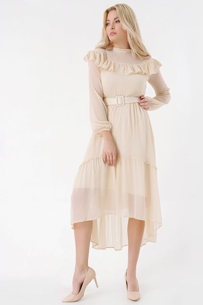 Krem Kemerli Şifon Elbise