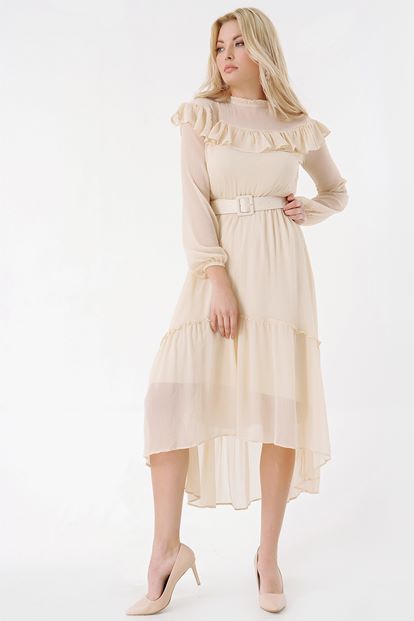 Krem Kemerli Şifon Elbise