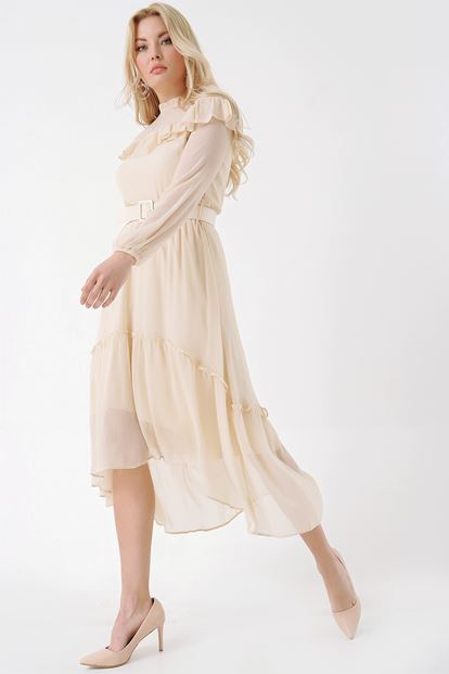 Krem Kemerli Şifon Elbise
