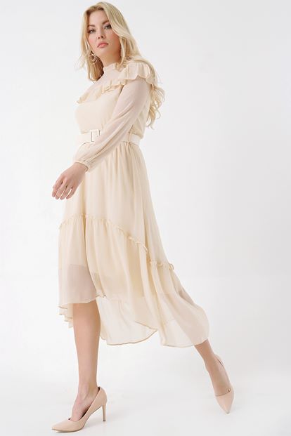 Krem Kemerli Şifon Elbise