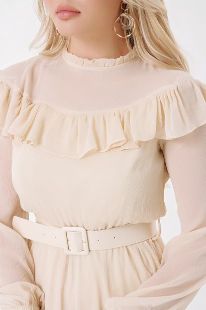 Krem Kemerli Şifon Elbise