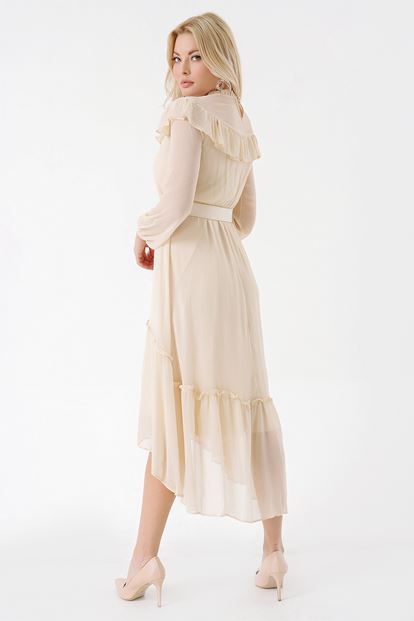 Krem Kemerli Şifon Elbise