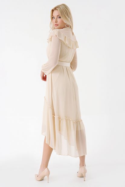 Krem Kemerli Şifon Elbise