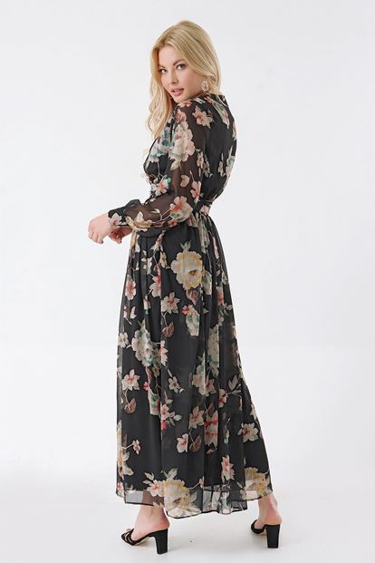 Siyah Çiçek Desenli Şifon Elbise