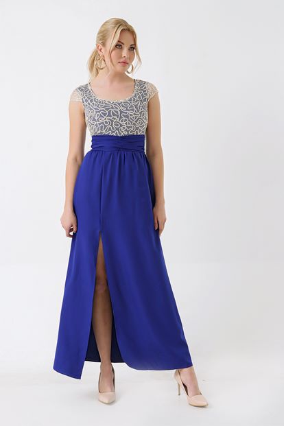 Saks Dore Tül Detayli Abiye Elbise