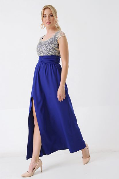 Saks Dore Tül Detayli Abiye Elbise